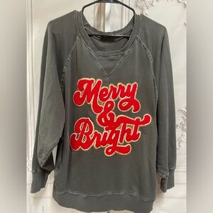 Zenana Gray Pocket Sweatshirt with Chenille glitter Merry & Bright Patch 1x
